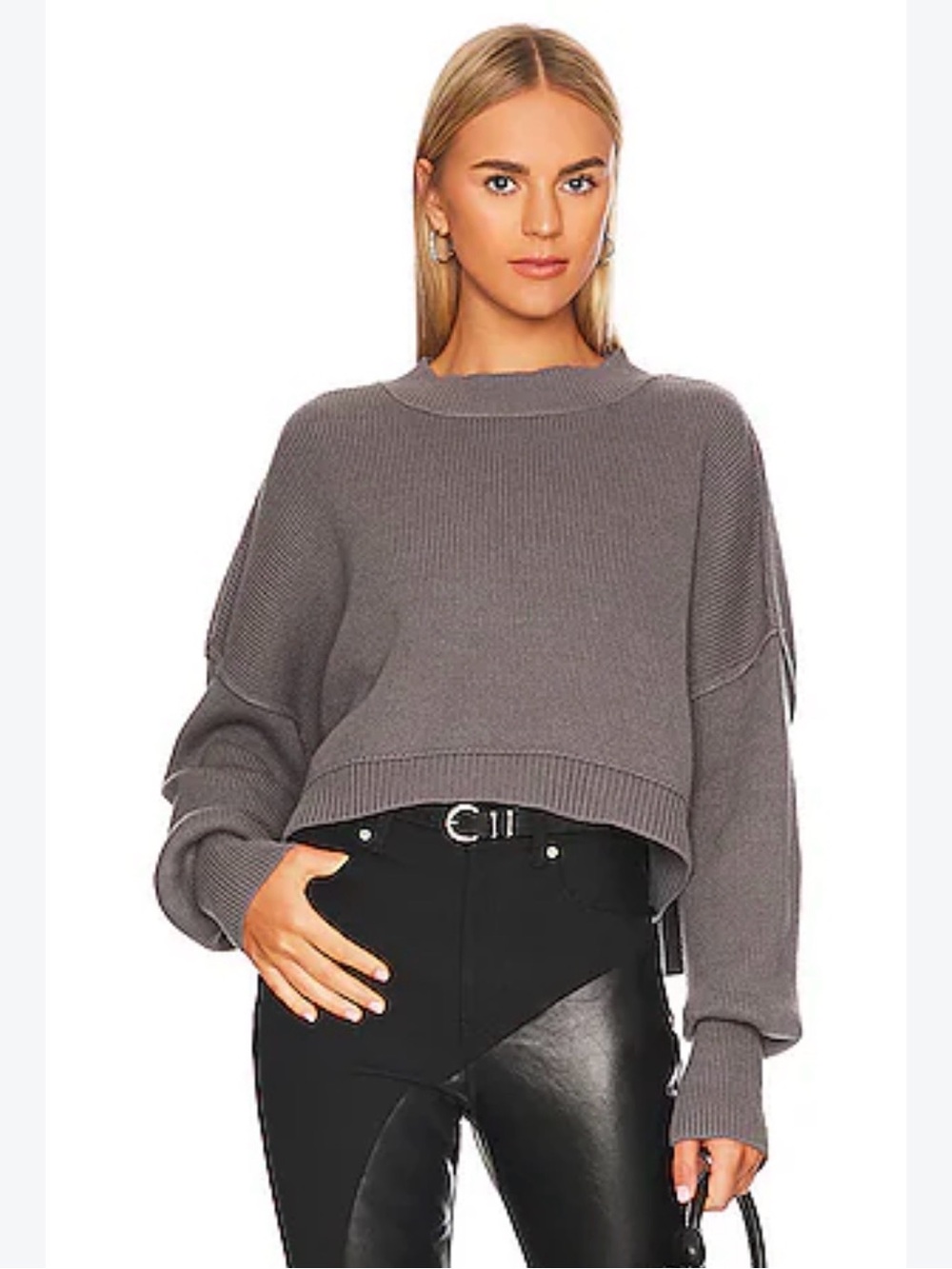 Free People Oversized Ribbed Mock Neck waist length Sweater - Charcoal